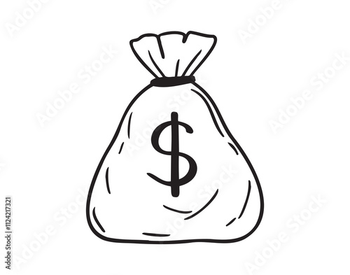 Premium money bag with dollars doodle hand drawn icon. Outline drawing money bag with dollars line clipart symbol