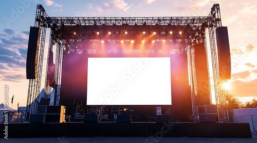 Majestic Stage Concert with blank white screen, sound system and lighting truss at sunset