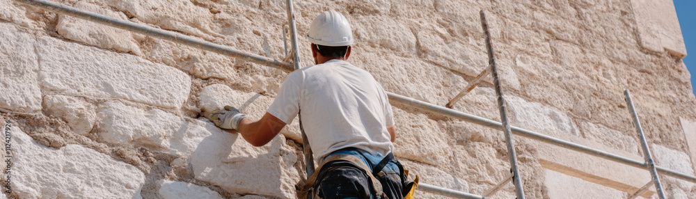 worker repairing stone wall while using scaffolding under clear sky. scene captures dedication and effort involved in restoration work worker repairing stone wall while using scaffolding under clear sky. scene captures dedication and effort involved in restoration work