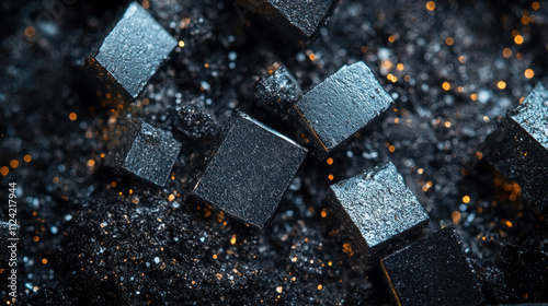 Dark Matter Cubes: Abstract 3D render of dark, metallic cubes embedded in a textured, dark gray substance with sparks of light, creating a dramatic and mysterious scene.