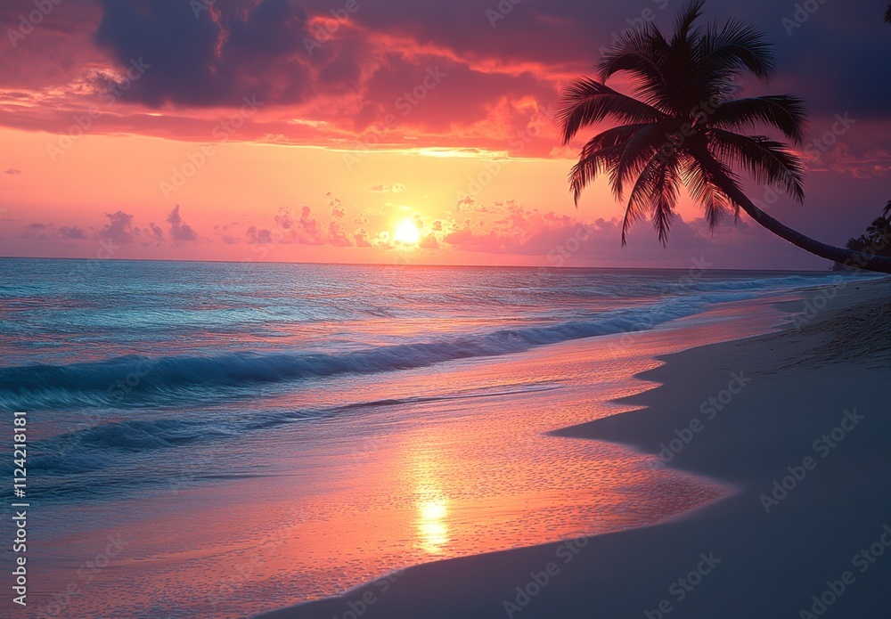 A picturesque sunset over a tranquil beach. Pink and orange hues paint the sky, reflecting on the calm ocean. A picturesque sunset over a tranquil beach. Pink and orange hues paint the sky, reflecting on the calm ocean.