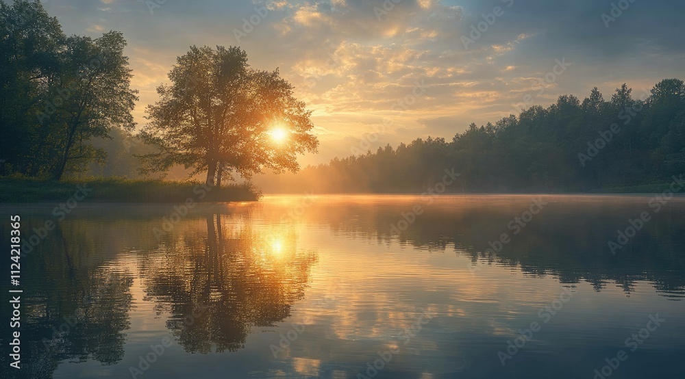 Fototapeta premium Sunrise over calm lake, tree silhouette reflected in tranquil water, misty morning.