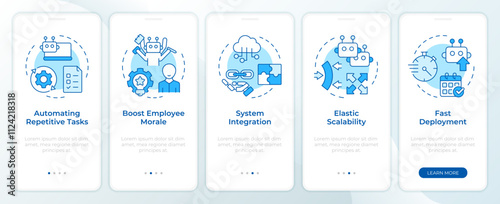 Benefits of RPA blue onboarding mobile app screen. Robotization walkthrough 5 steps editable graphic instructions with linear concepts. UI, UX, GUI template. Montserrat SemiBold, Regular fonts used