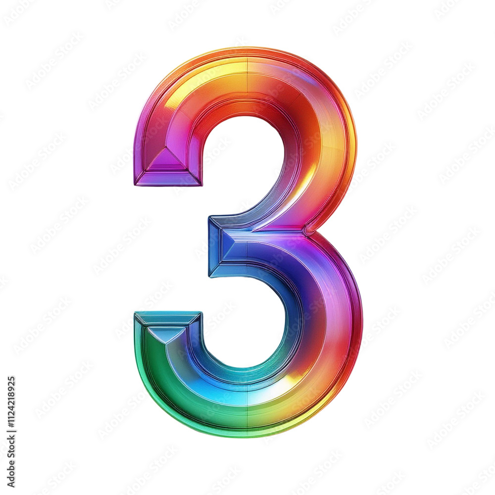 A vibrant and colorful number 3 with a glossy, metallic finish. Perfect for adding a modern and dynamic touch to your designs A vibrant and colorful number 3 with a glossy, metallic finish. Perfect for adding a modern and dynamic touch to your designs