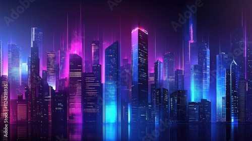 Neon Cityscape: Glowing Towers Reflecting in Still Water at Night, Futuristic Urban Skyline with Vibrant Colors