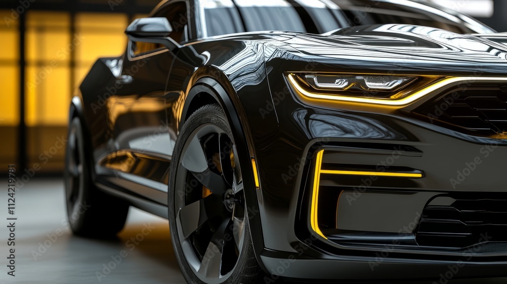 Obraz premium Close-up transparent PNG of a performance SUV, showcasing its sleek front-end design and advanced lighting system.