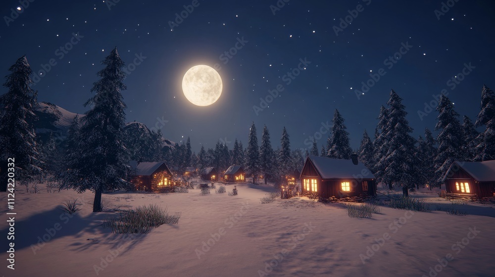 Winter Village Night Moonlit Snowscape, Cabin Lights, Snowy Forest Winter Village Night Moonlit Snowscape, Cabin Lights, Snowy Forest