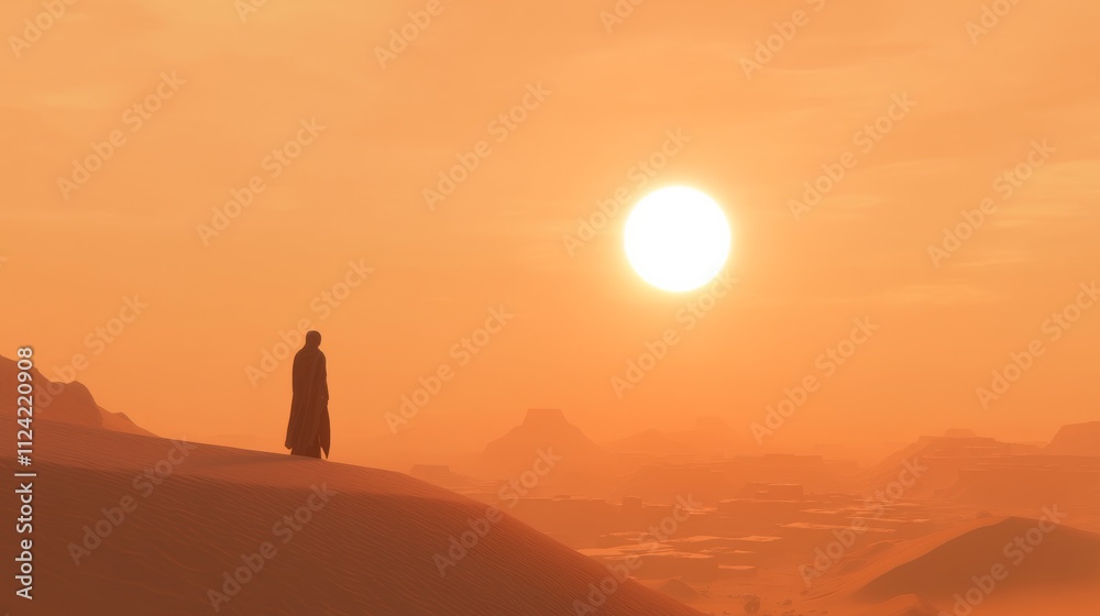 Desert Sunset Lone Figure in Orange Landscape Desert Sunset Lone Figure in Orange Landscape