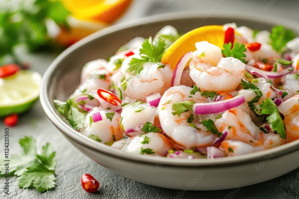 A tempting image of genuine Peruvian ceviche featuring assorted fresh seafood soaked in zesty citrus and topped with red onions cilantro and chili peppers A tempting image of genuine Peruvian ceviche featuring assorted fresh seafood soaked in zesty citrus and topped with red onions cilantro and chili peppers