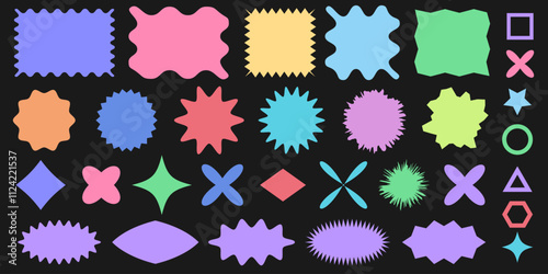 abstract geometric Brutalist set multicolored shapes and grids.Brutal contemporary figure star oval spiral flower and other primitive elements. Swiss design aesthetic. Bauhaus memphis design.