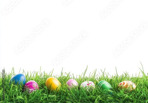 Easter bunny sitting on green grass with colorful eggs, white background