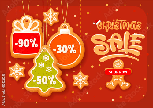 Christmas and New Year sale banner template with gingerbread cookies with percents of discounts. Invite for holiday shopping. Vector illustration