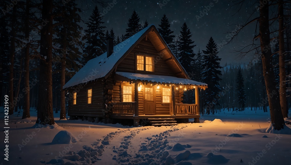 A cozy log cabin, lit with warm light, sits in a snowy forest at night. A cozy log cabin, lit with warm light, sits in a snowy forest at night.