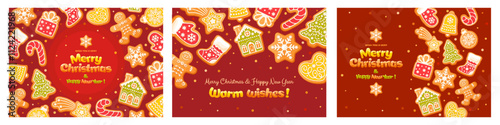 Merry Christmas and Happy New Year greeting cards templates set with gingerbread cookies with color icing. Homemade cute sweets in form of festive items and text with warm wishes. Vector illustration