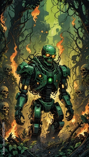 Mysterious robot guardian rises amidst glowing flames and ancient skulls in a forgotten jungle realm. Generative AI