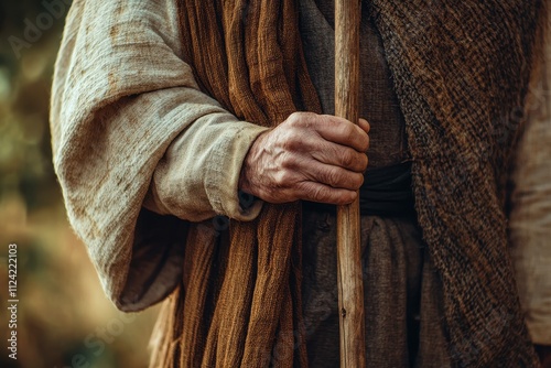 Adult herder dedicated to a rustic medieval lifestyle prays to Saint John the Baptist in the Middle East symbolizing hope and faith through Joseph s robe
