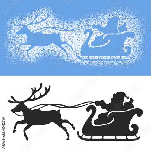 Santa Claus sleigh and reindeer. Set of snow spray stencils for winter holidays, Christmas and New Year celebration. Cute decoration for windows, walls, any surface. Sprinkle stencil print. Vector