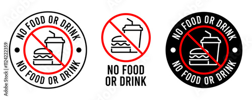 No food or drink allowed sign. No eating or drinking sign. No food or drink logo, label, badge, sticker, symbol, emblem, stamp, banner, circle, black, line, flat vector, isolated illustration.