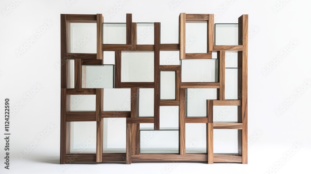 Abstract wooden room divider with glass shelves.