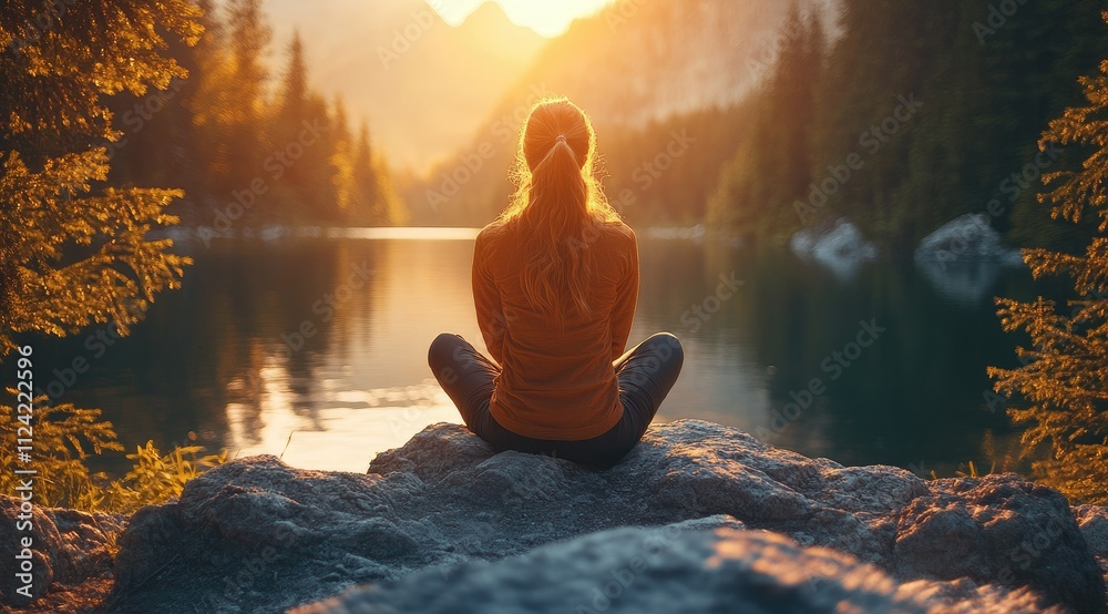 Woman meditates by serene mountain lake at sunrise. Woman meditates by serene mountain lake at sunrise.