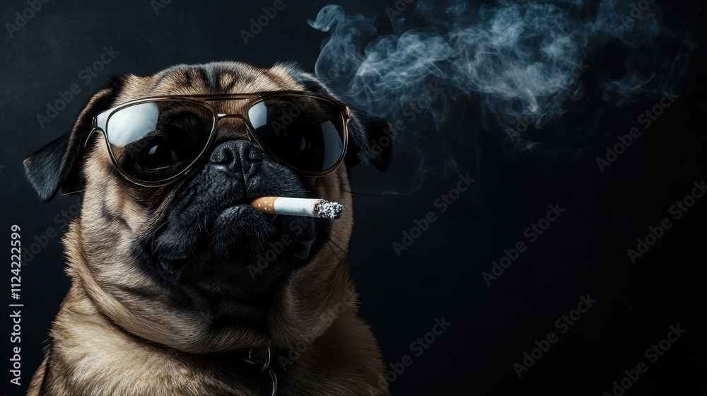 A pug wearing sunglasses and smoking a cigarette, its confident pose against a dark background embodying ultimate coolness A pug wearing sunglasses and smoking a cigarette, its confident pose against a dark background embodying ultimate coolness