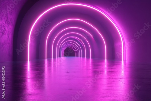 A vibrant, illuminated tunnel with glowing pink neon lights reflecting on the floor.