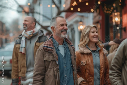 Mature couple walking on the street of the city. Smiling man and woman walking on the street.