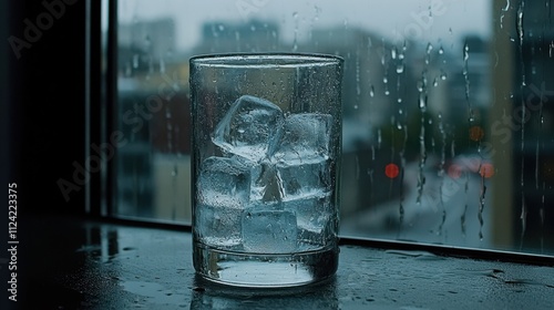 A clear glass brimming with ice cubes sits by a rain-dappled window, evoking a refreshing stillness on a drizzly day.