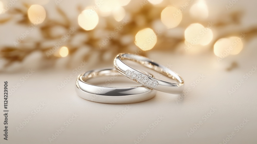 Elegant wedding bands resting gently on a smooth surface with dreamy bokeh lights in the backdrop