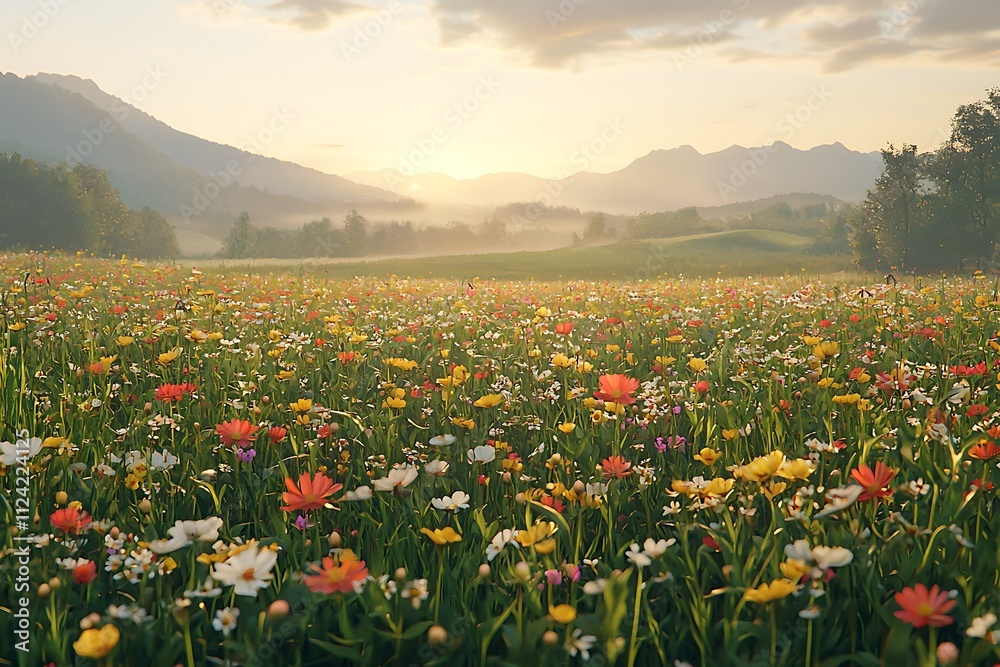 Sunrise Blooms: Wildflower Meadow in Mountain Landscape Sunrise Blooms: Wildflower Meadow in Mountain Landscape