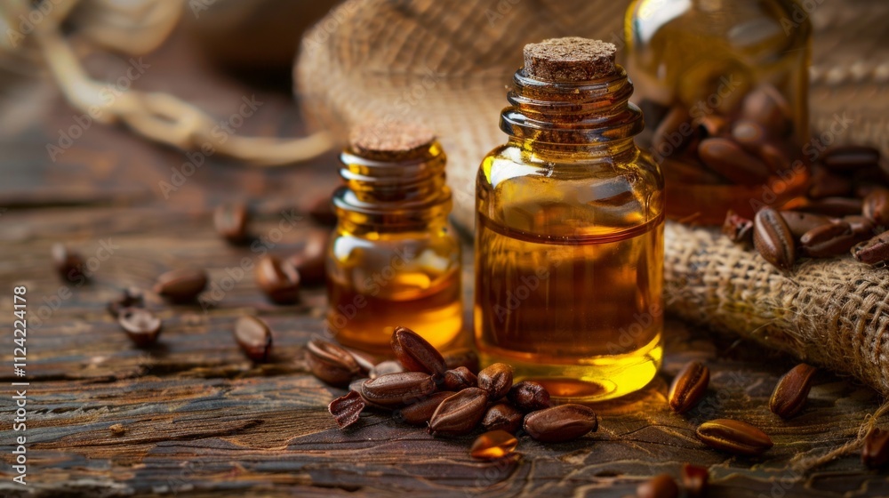 Jojoba Essential Oil Bottles with Seeds on Rustic Wooden Background for Natural Skincare. Generative AI Jojoba Essential Oil Bottles with Seeds on Rustic Wooden Background for Natural Skincare. Generative AI