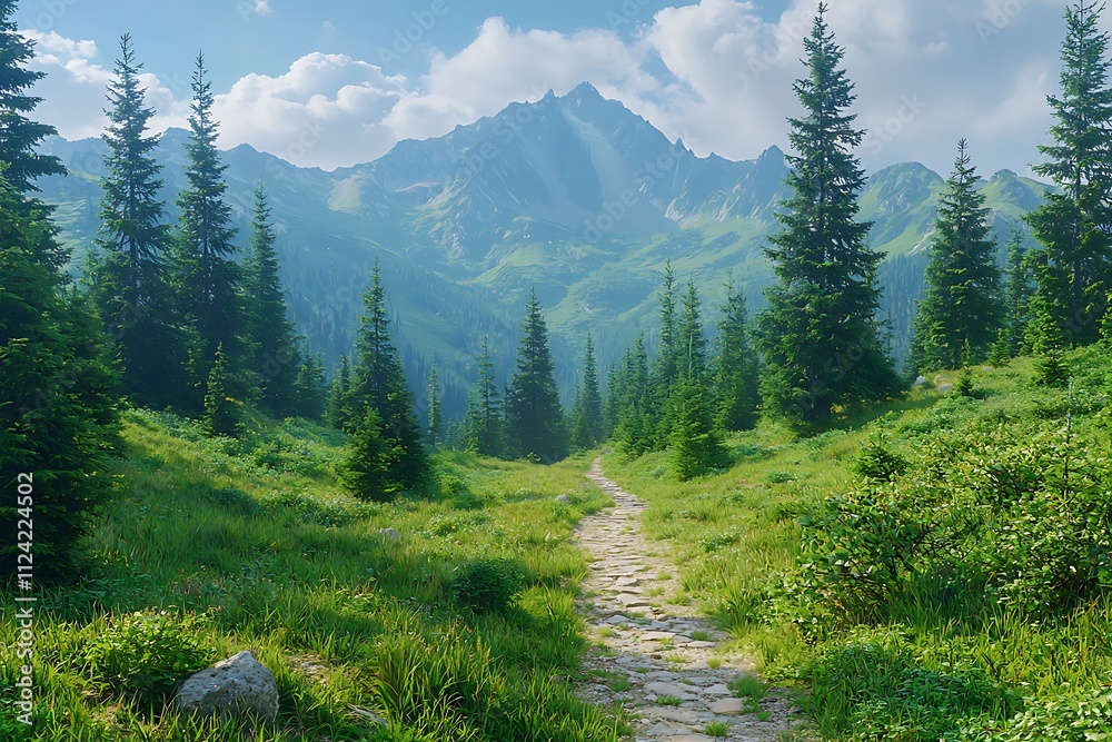 Mountain Path Leads to Scenic Peaks under Summer Sky Mountain Path Leads to Scenic Peaks under Summer Sky