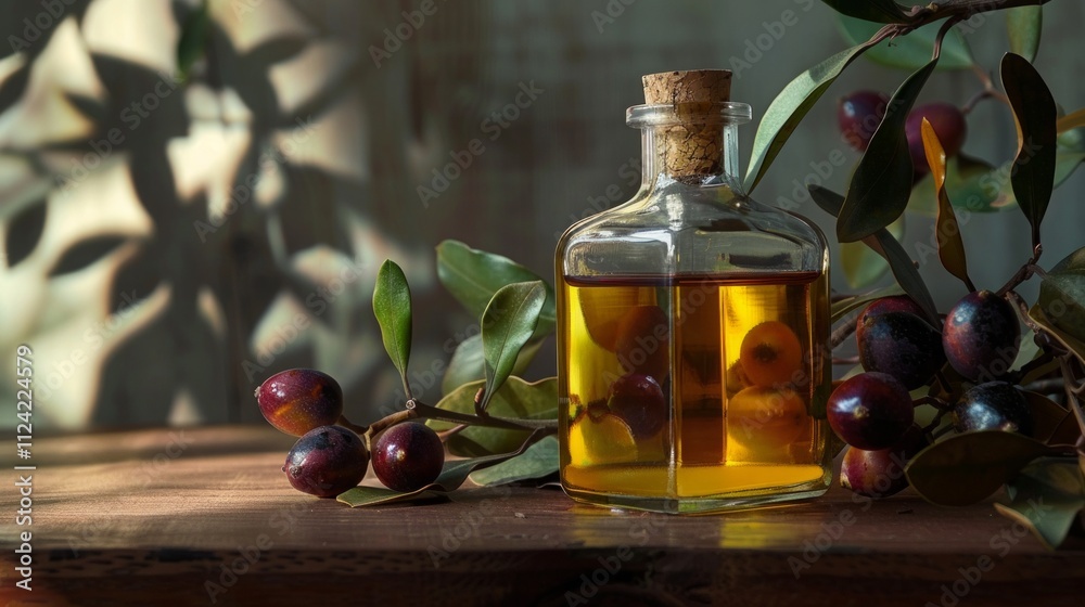 Jojoba Oil in Elegant Glass Bottle with Branches of Ripe Jojoba Fruits. Generative AI Jojoba Oil in Elegant Glass Bottle with Branches of Ripe Jojoba Fruits. Generative AI