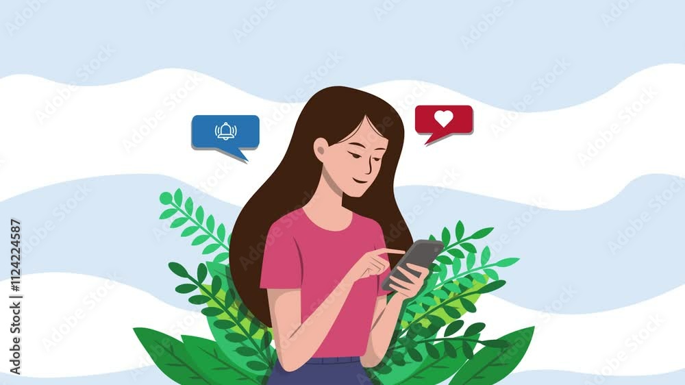 A cartoon girl checks her phone for social media, chat, and email notifications in a flat style A cartoon girl checks her phone for social media, chat, and email notifications in a flat style