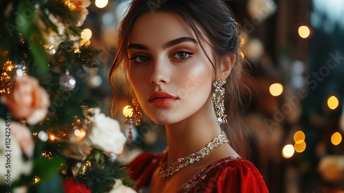 Elegant young woman dressed for a festive occasion, with fresh flowers and sparkling jewelry highlighting her look