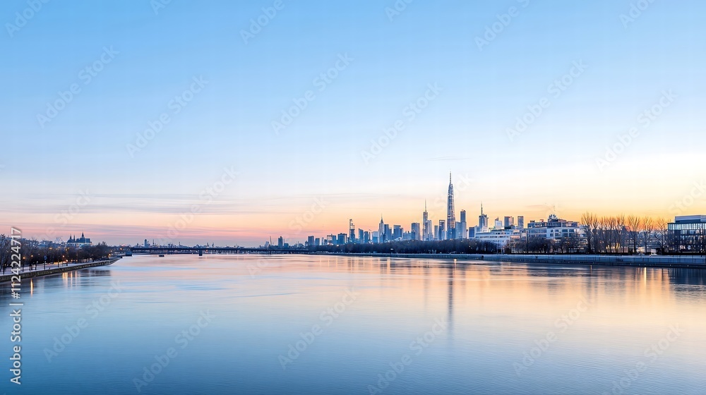 Naklejka premium An elegant city skyline silhouette at dusk, showcasing a mix of modern and futuristic architecture. The calm evening sky serves as a dynamic backdrop, capturing the essence of urban sophistication,