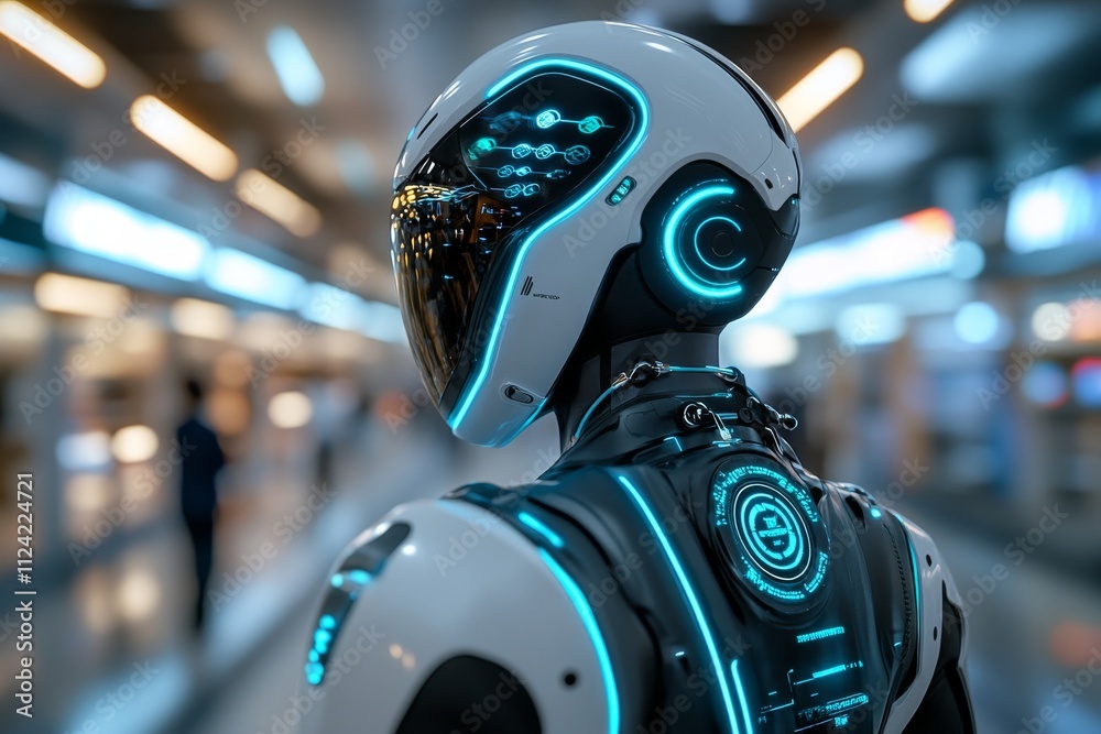 Futuristic humanoid robot with illuminated features exploring a modern urban environment Futuristic humanoid robot with illuminated features exploring a modern urban environment