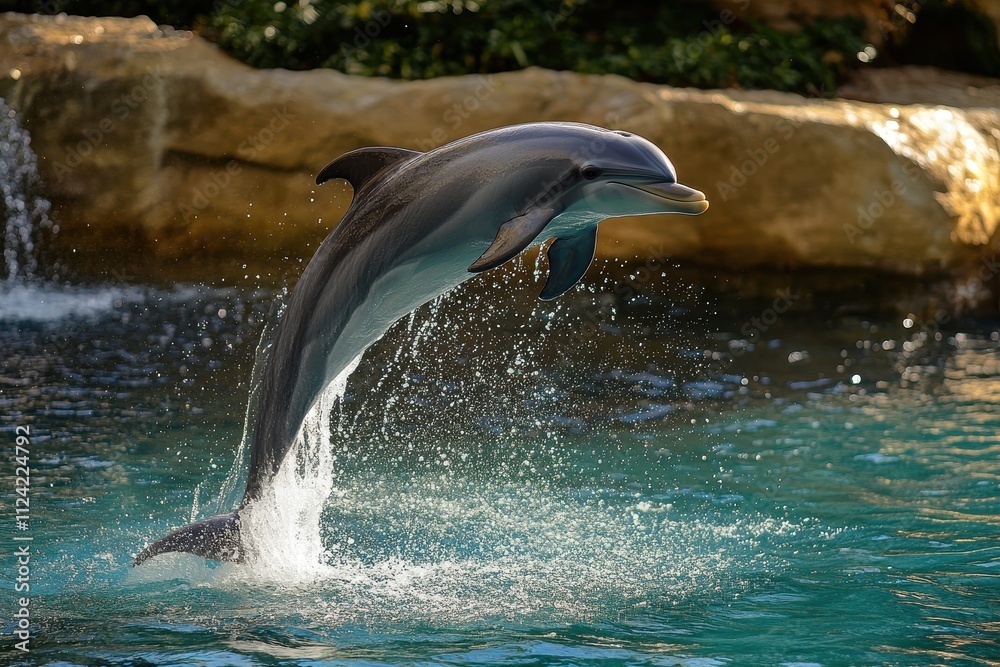 Obraz premium Aquatic performance featuring playful marine animals showcasing tricks in a marine park