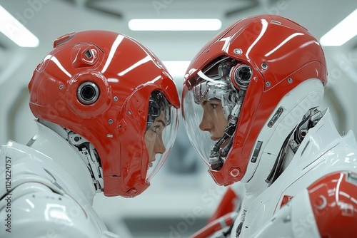 Two astronauts in sleek red and white suits engage in a focused conversation inside a futuristic spacecraft photo