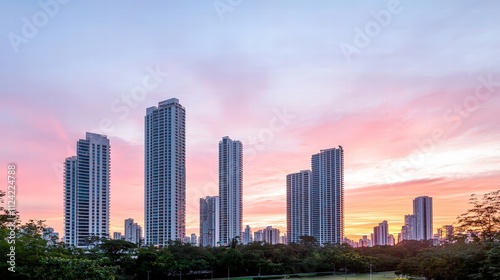 A dramatic dusk skyline, featuring a striking silhouette of urban structures set against a rich gradient sky. The composition exudes elegance and allure, making it suitable for beauty campaigns that