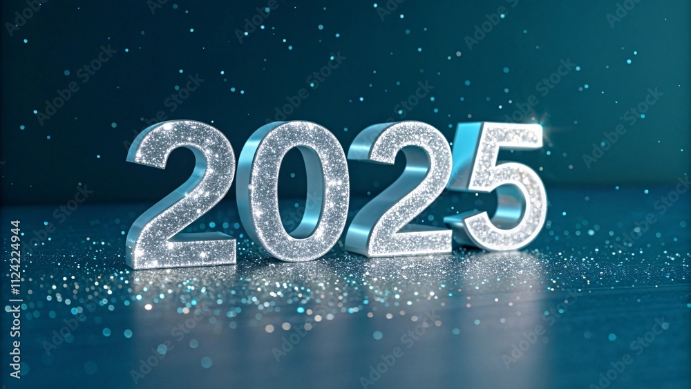 3D Sparkling 2025 with Silver Glitter, Teal Accents & Starry Night V1 3D Sparkling 2025 with Silver Glitter, Teal Accents & Starry Night V1