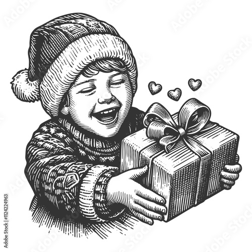 child receiving a gift, evoking classic holiday themes and nostalgic childhood moments sketch engraving generative ai vector illustration. Scratch board imitation. Black and white image.