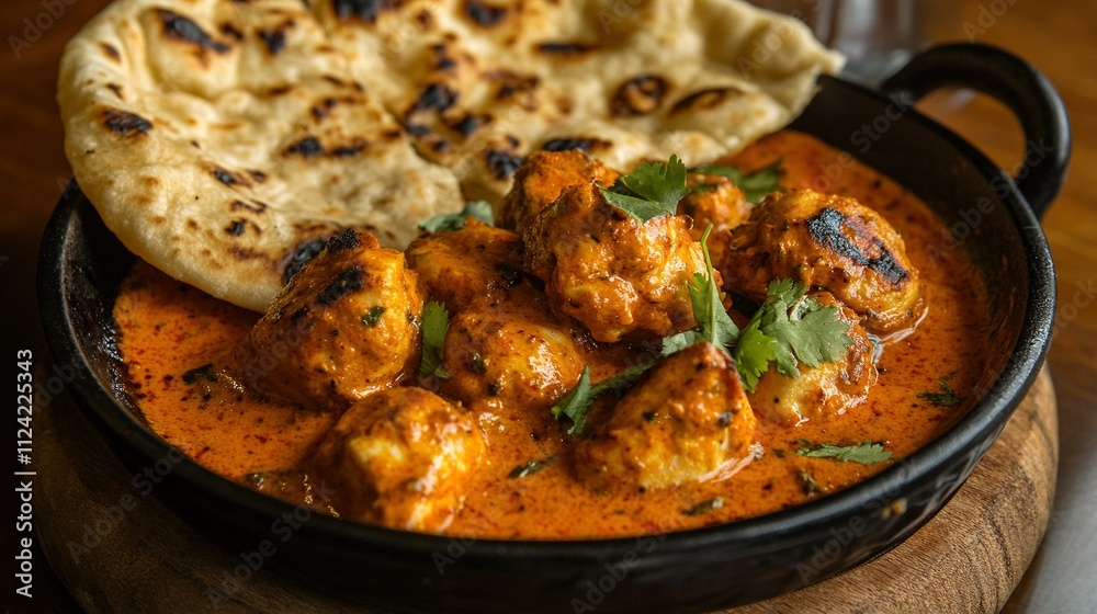 Succulent pieces of chicken simmered in a creamy tomato sauce, infused with spices and served with fluffy naan bread. Arranged in a vibrant dish, showcasing the richness of Indian cuisine.