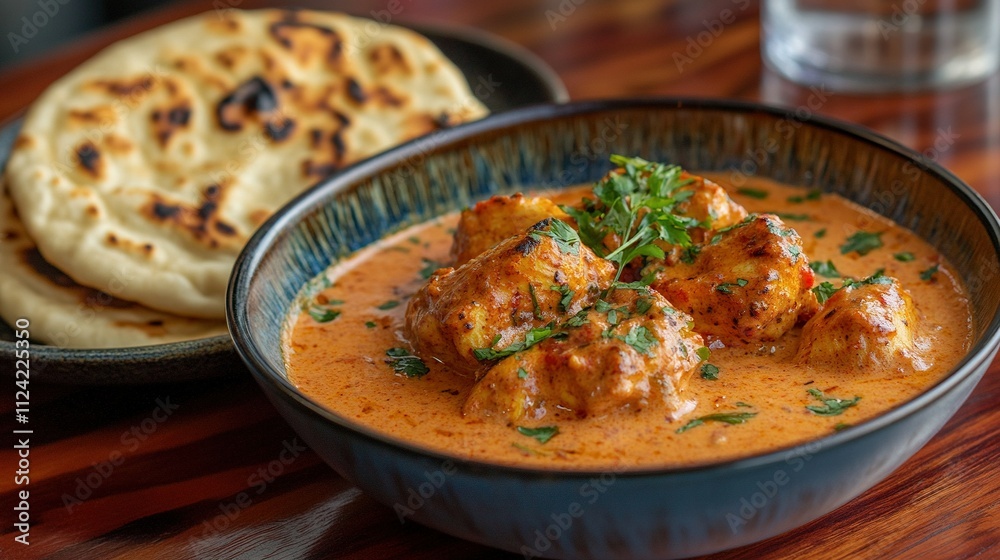 Succulent pieces of chicken simmered in a creamy tomato sauce, infused with spices and served with fluffy naan bread. Arranged in a vibrant dish, showcasing the richness of Indian cuisine. Succulent pieces of chicken simmered in a creamy tomato sauce, infused with spices and served with fluffy naan bread. Arranged in a vibrant dish, showcasing the richness of Indian cuisine.