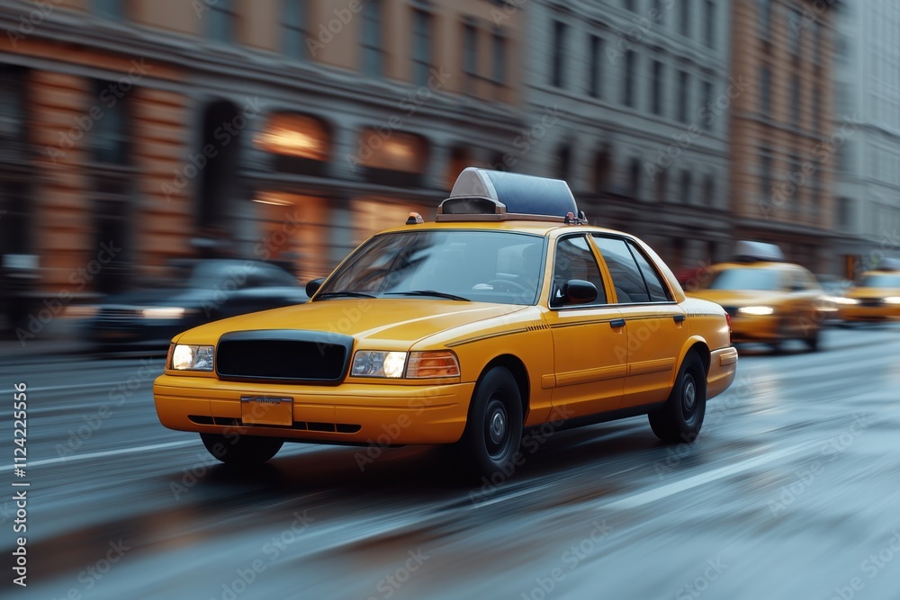 A yellow taxi driving through a city street, showcasing urban transport and movement. A yellow taxi driving through a city street, showcasing urban transport and movement.