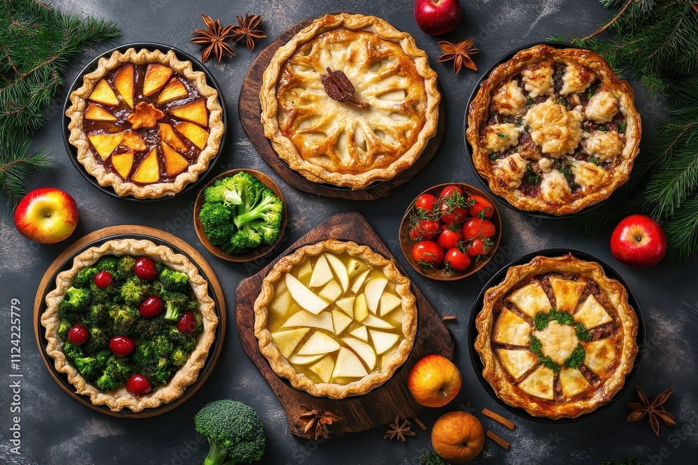 Assorted sweet and savory pies apple cherry chicken broccoli on a table for a homemade autumn brunch Aerial view Assorted sweet and savory pies apple cherry chicken broccoli on a table for a homemade autumn brunch Aerial view