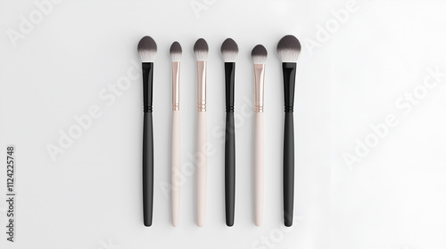 Set of black and white makeup brushes displayed neatly on a white background, isolated on a white background, copy space for text, mock up