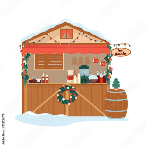 Christmas hot drinks stall decorated with wreath and garland. Festive winter wooden booth with coffee, tea and chocolate. Outdoors shopping store on holiday fair marketplace. Flat vector illustration