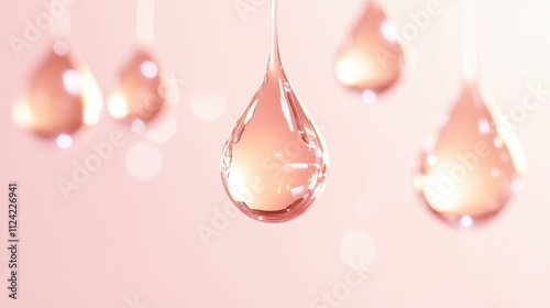 Collagen serum droplets suspended in 3D, glowing and isolated on a soft gradient background, perfect for skincare concepts