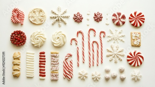 Flat-lay of Christmas cookies, candy canes, and festive decor elements arranged neatly on a white surface with holiday charm